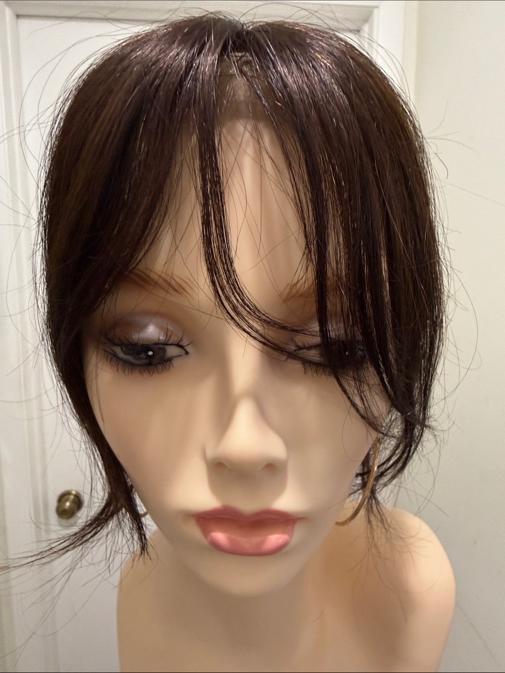 💯% 10” HUMAN HAIR Topper with Eyelashes and Wear/Care Instructions in Dark Brown - Picture 3 of 11